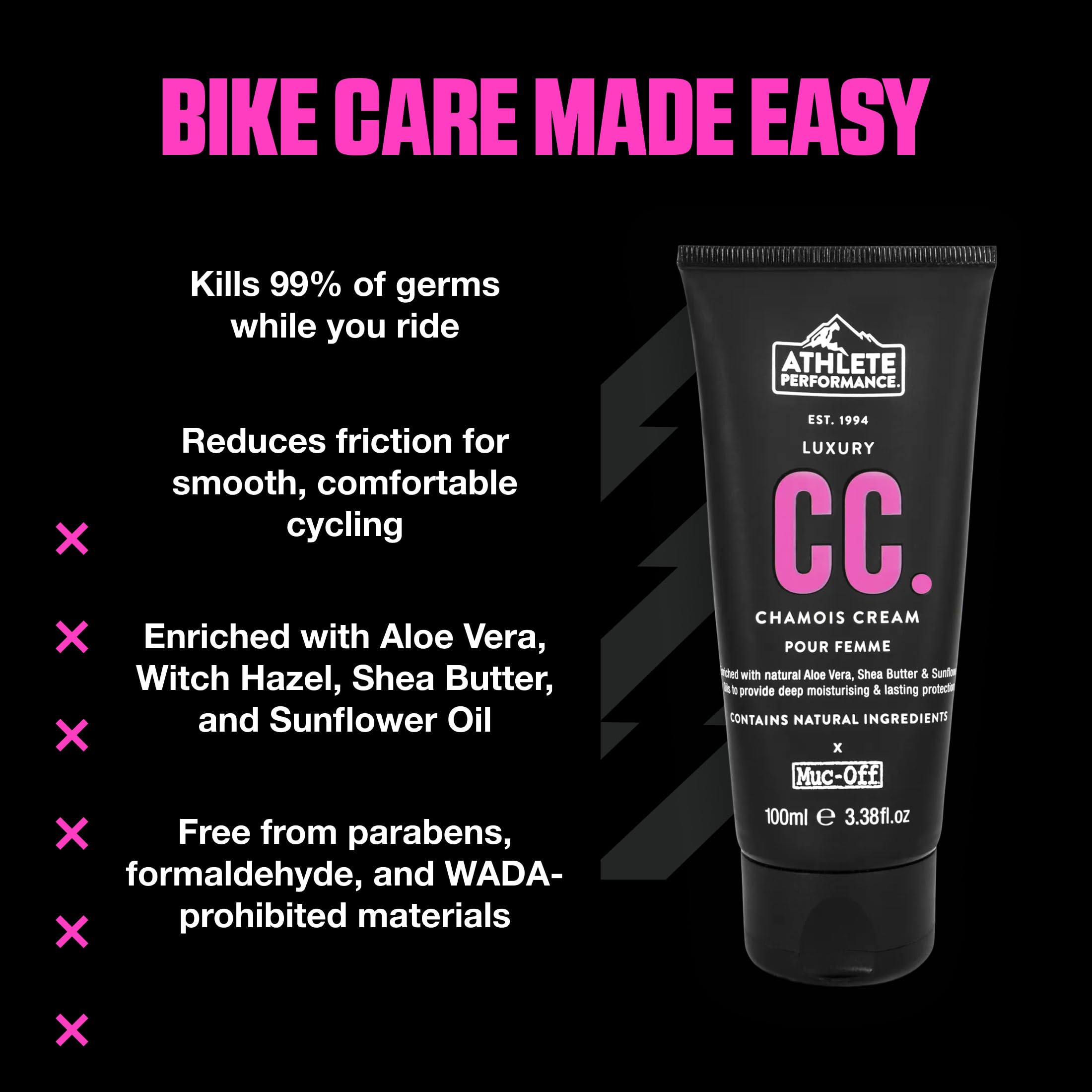 Muc-Off Athlete Performance Luxury Womens Chamois Cream, 100 ml - Crema Antisfregamento Cosce Donna Antibatterica - Crema Antisfregamento Formulata per gli Sportivi