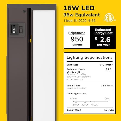 Miniatura 2 de GetInLight luz LED para parte inferior de gabinete, giratoria, de 3 niveles de color, para atenuador, con cables y enchufe, blanco cálido de 2,700