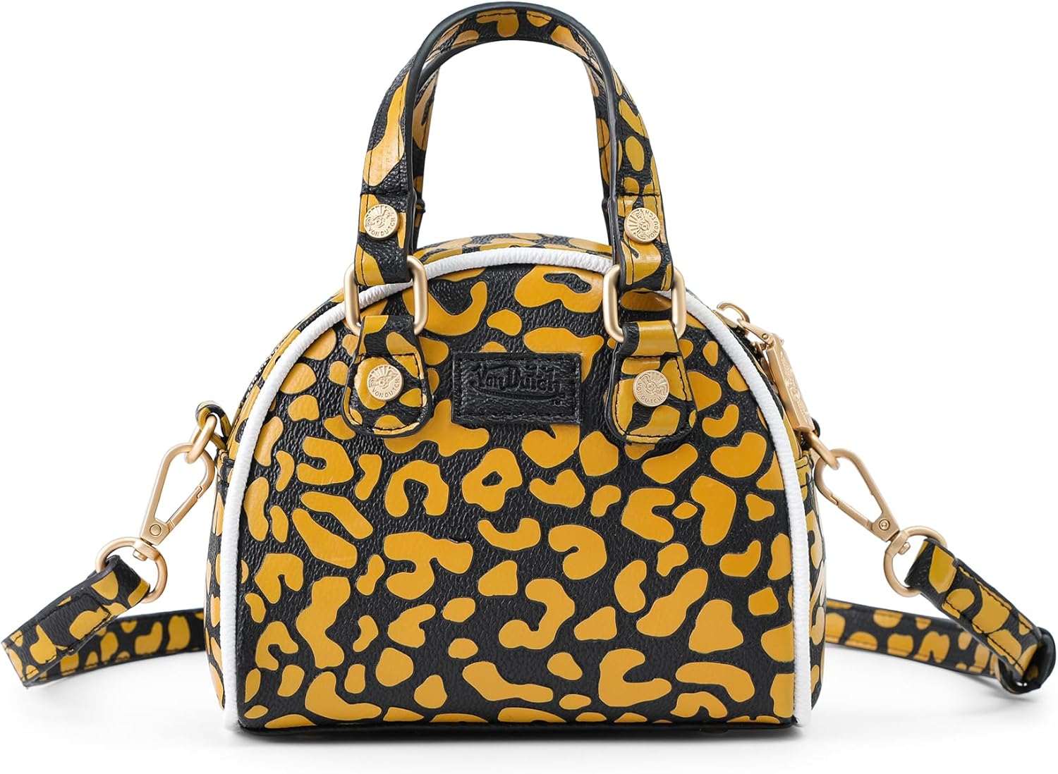 Von Dutch Mini Bowling Bag Cheetah Print | 6.8” Vegan Leather Crossbody with Logo Hardware, Top Handles & Zipper Pouch