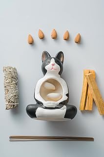 Hand-Painted Unglazed Ceramic Incense Holder,Aesthetic Zen Cat Good for Backflow Incense Cones,Palo Santo Sticks,Insence-Stick,Decoraton for Meditation/Yoga/Living Room