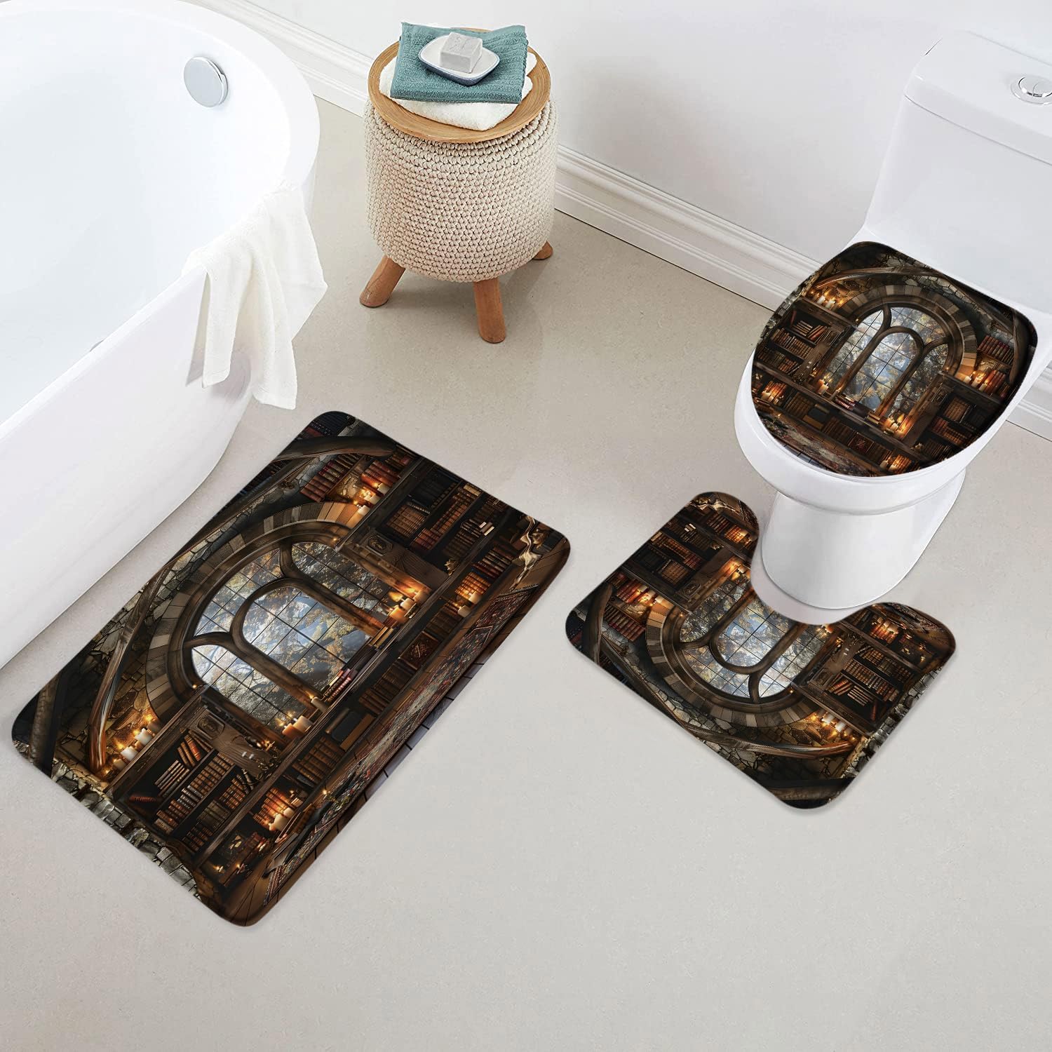 Library Bookshelf Bath Mat Set 3 Piece Vintage Medieval Magical Books Witch Bookcase Antique Collection Books Candle Gothic Bathroom Rug Contour Mat Toilet Seat Cover Home Decor 20X32Inch