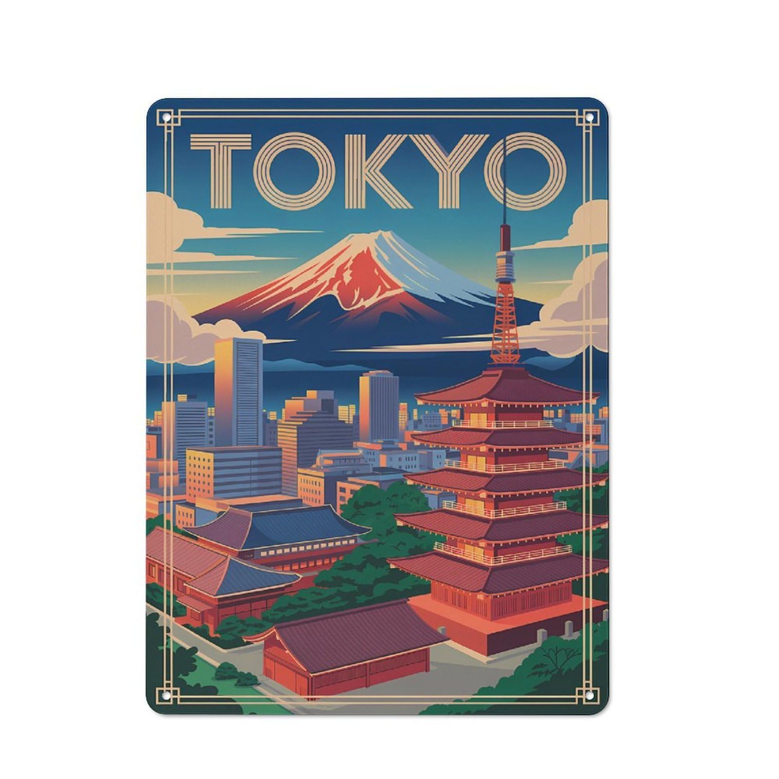 Junmoney Style-11 For Home Office Or Studio, Tokyo Cityscape With Mount Fuji(2) Vintage Tin Sign 40X30cm, Tin Sign Wall Decor For Home Offices And Studios