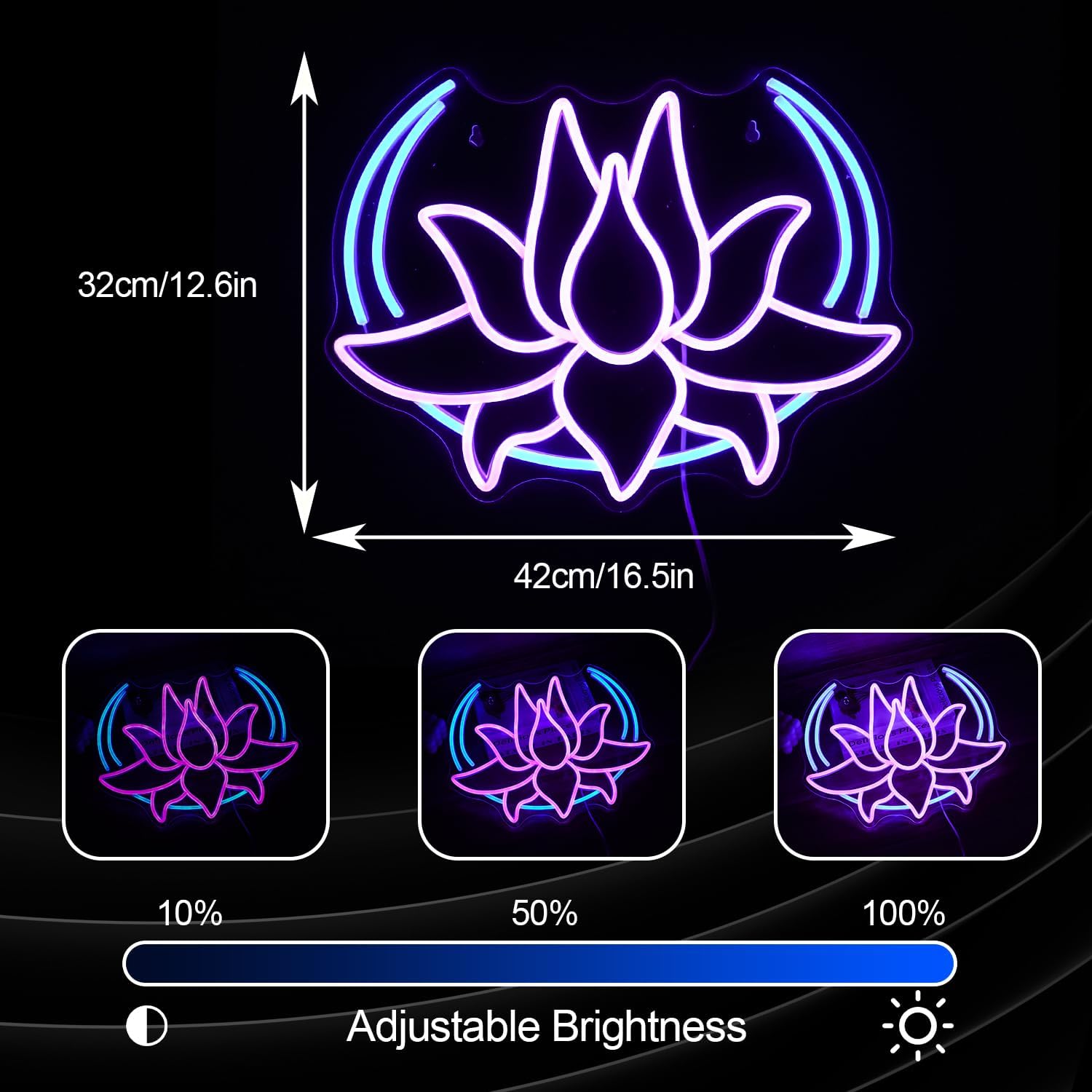 Moon Lotus Flower Neon Sign Dimmable Blue Moon Neon Light Sign for Wall Decor USB Power Purple Lotus Led Light Up Sign for Bedroom Yoga Room Game Room Man Cave