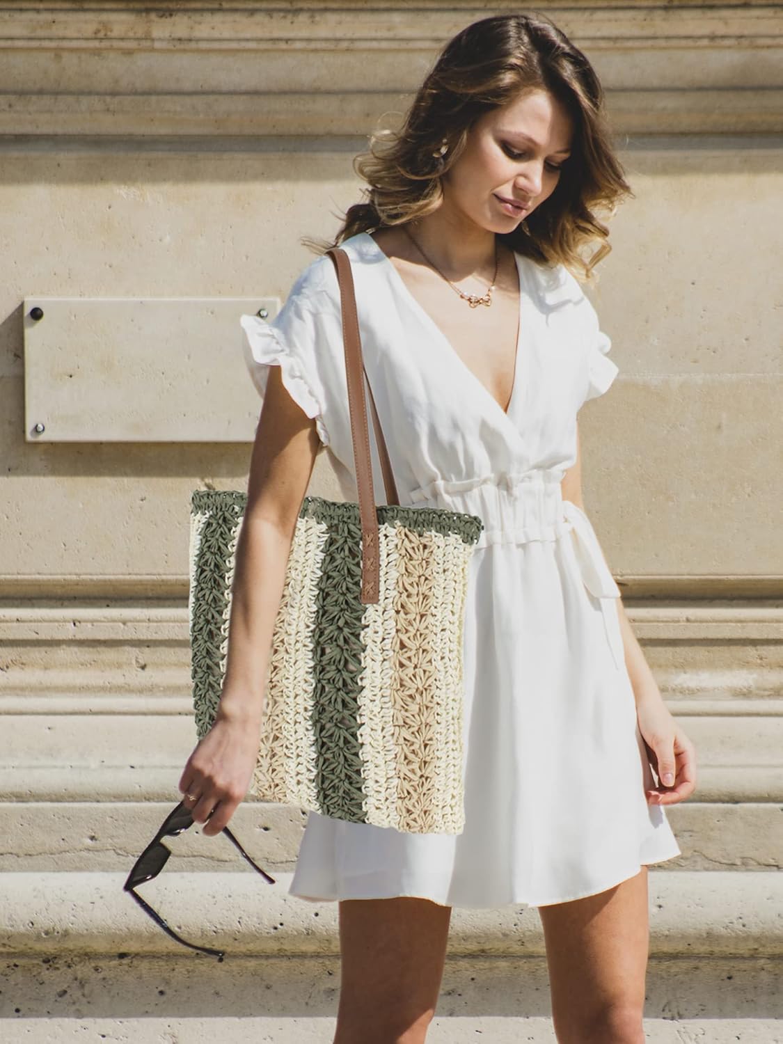 Women Large Vertical Stripes Straw Woven Shoulder Bag Bohemian Beach Travel Top-handle Bag Tote