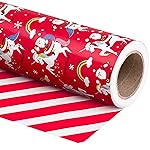 WRAPAHOLIC Reversible Unicorn Christmas Wrapping Paper - Mini Roll - 17 Inch x 33 Feet - Red Santa Claus, Unicorn Wrapping Paper and Stripe Design for Holiday, Party Celebration