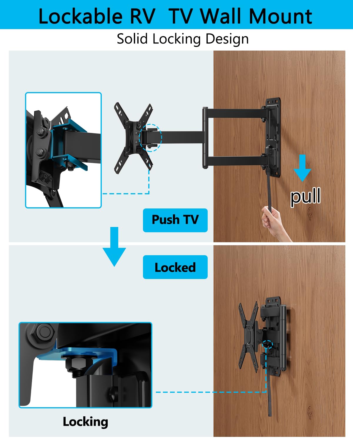FORGING MOUNT Supporto da parete per TV RV con serratura da orizzontale a verticale per TV e monitor da 13-43 pollici, supporto da parete per monitor TV Full Motion con sgancio rapido per camper