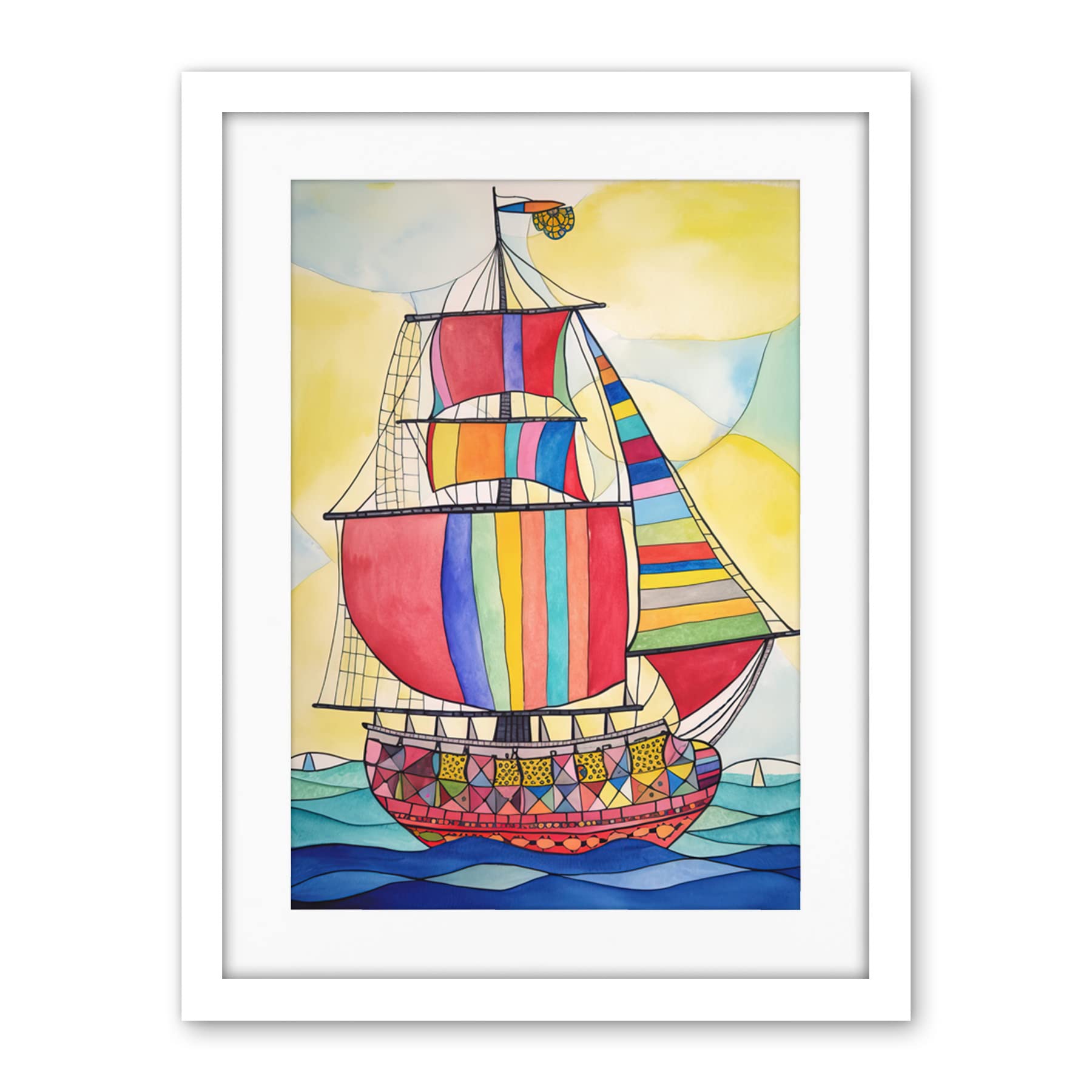 Artery8 Rainbow Colour Sailing Ship Folk Art Artwork Framed Wall Art Print 18X24 Inch