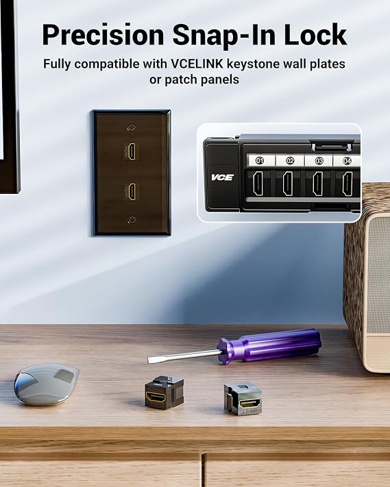VCE 4K HDMI Keystone Jack, F2F Snap-in, for Keystone Wall Plate, 6-Pack
