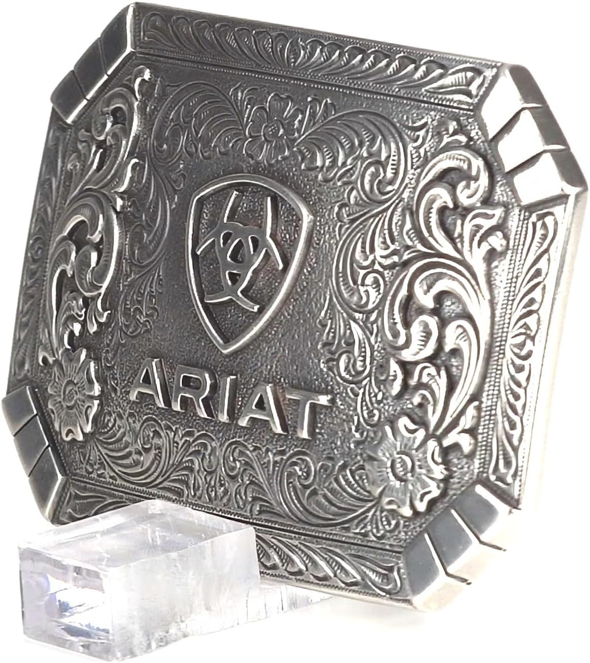 ARIAT Rectangle Buckle with Western Floral Engraving and Emblem, Antique Silver Finish, 2-1/2" x 3-5/8"