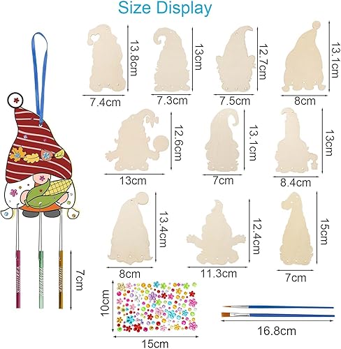 Miniatura 7 de Paquete de 10 carillones de viento para niños, kits de manualidades de otoño, gnomo de otoño, carillón de viento, adornos de gnomo de madera sin