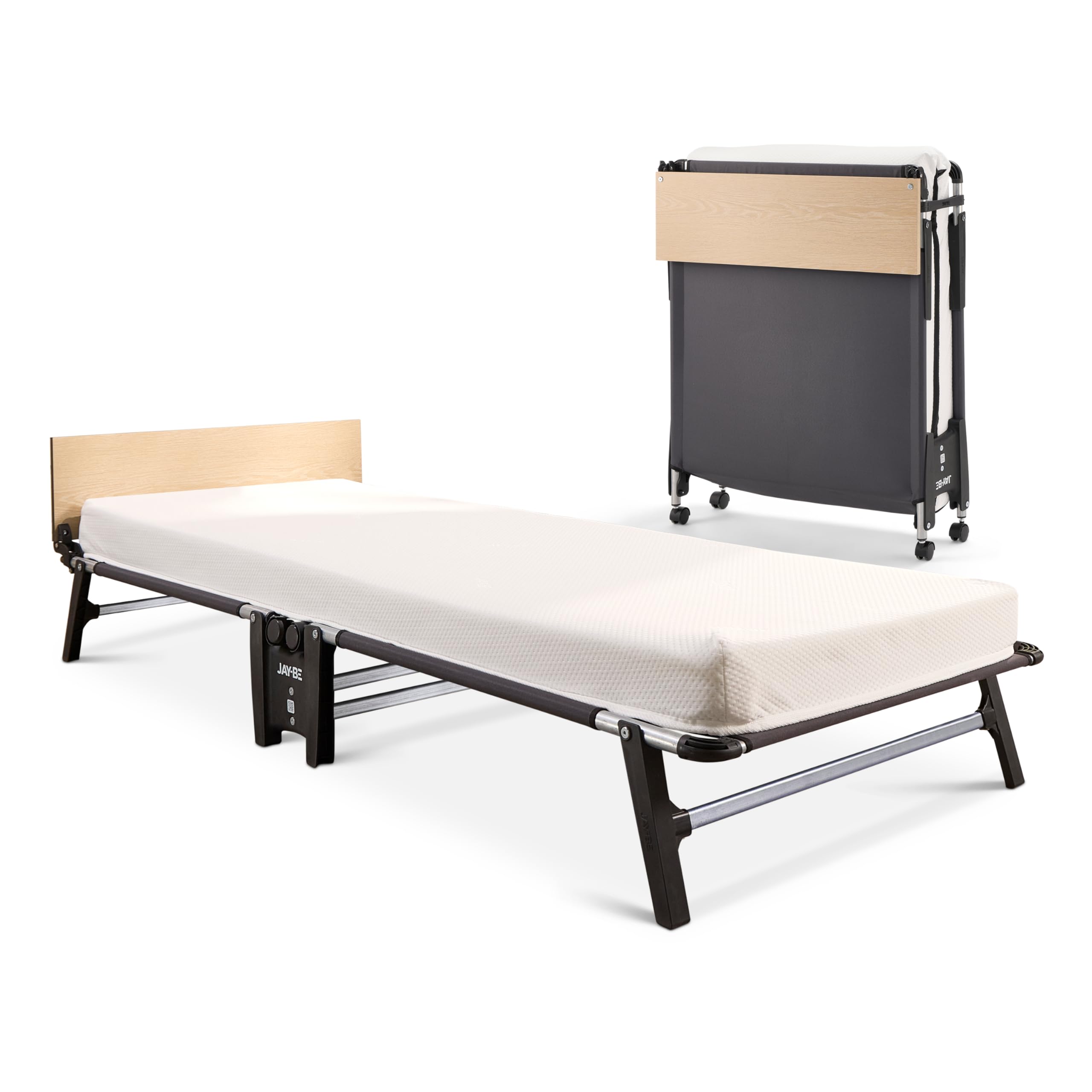 JAY-BE QM80 Quick Folding Bed with Memory Mattress, Single, Roll-Away Guest Bed, 360° Castors, Anti-Tip Legs, Steel Frame Supports 160kg, Slim Foldaway Design Only 26cm Width Folded (Single)