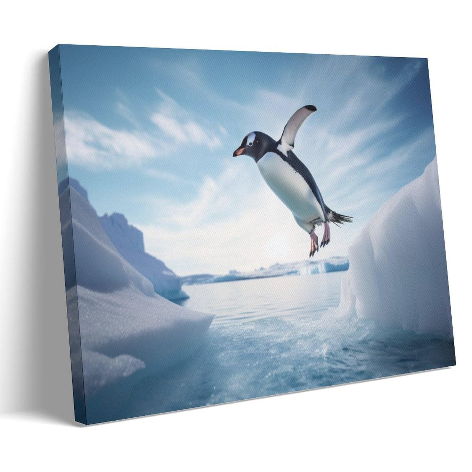 AYAROS Jumping Penguins Wall Art for Living Room Ocean South Pole Animals Modern Paintings on Canvas Wall Art Poster for Home Decorations Wall Decor Framed 08x12 inch