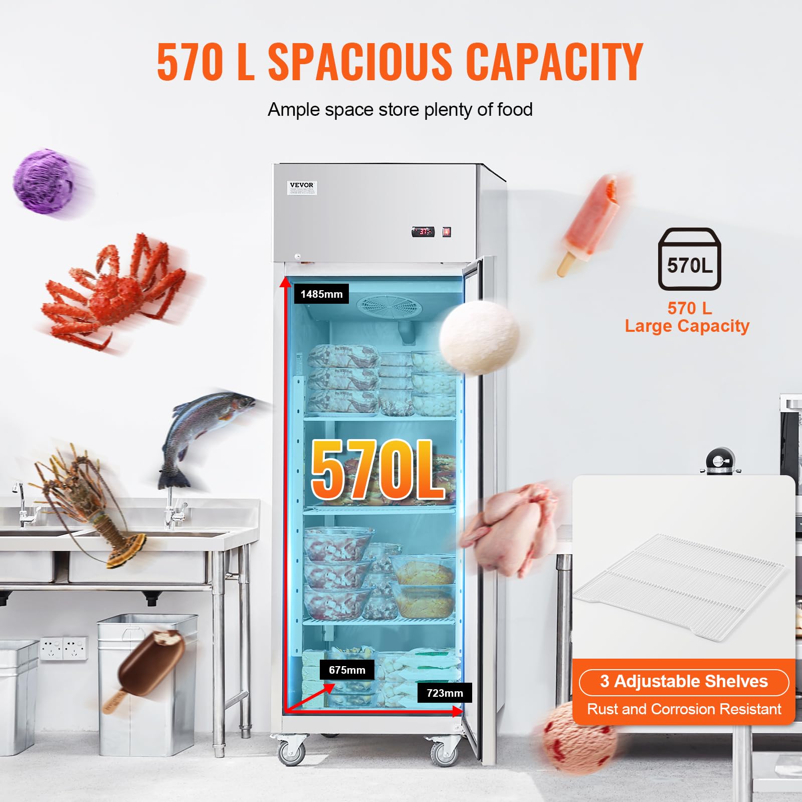 VEVOR Congelador Comercial de 570 L, Congelador Vertical de Una Sola Puerta, Congelador de Acero Inoxidable con Descongelación Automática con 3 Estantes Ajustables, -25 a -15 °C, 685 x 800 x 2110 mm