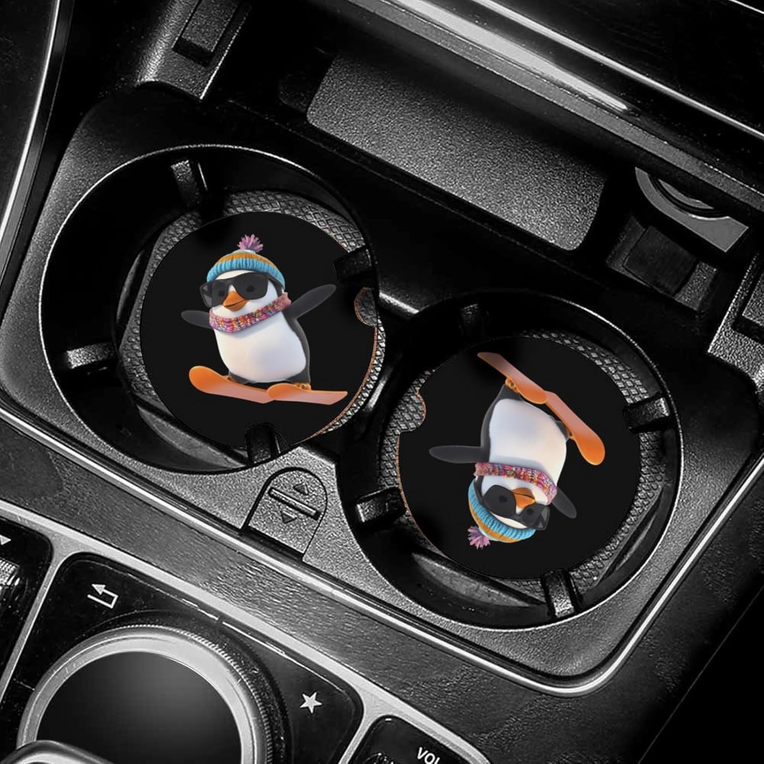 Penguin Ski Skiing Cute Car Coasters 2.56 Inch Absorbent Cup Holder for Drinks Auto Interior Accessories