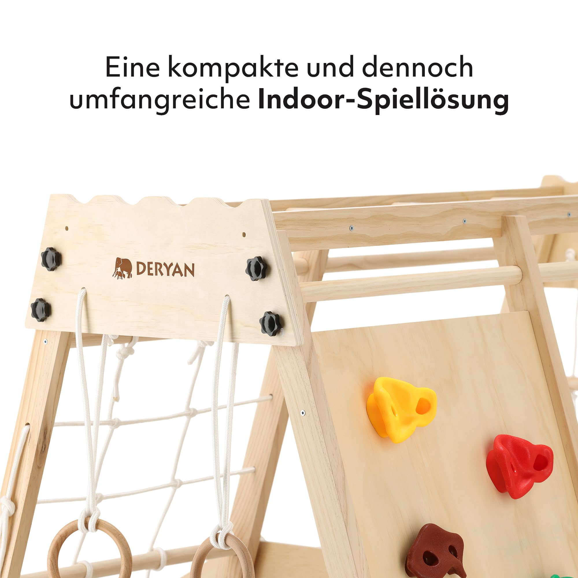 Deryan Klettergerüst für Kinder - Indoor Spielplatz mit Rutsche, Kletterwand, Kletternetz & Turnringe - Holz Kletterturm klappbar - Natur