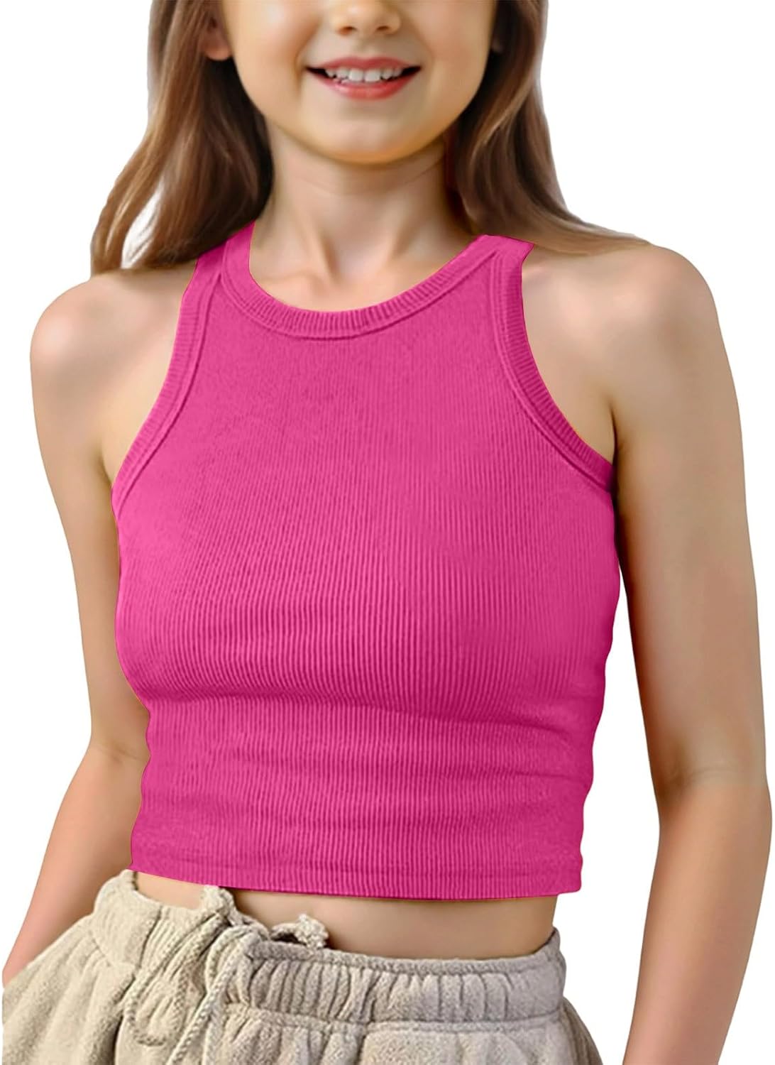 Girls Ribbed Tank Tops Summer Sleeveless Crew Neck Crop Vests Casual Slim Fit Lightweight Breathable Shirts Teen Comfy
