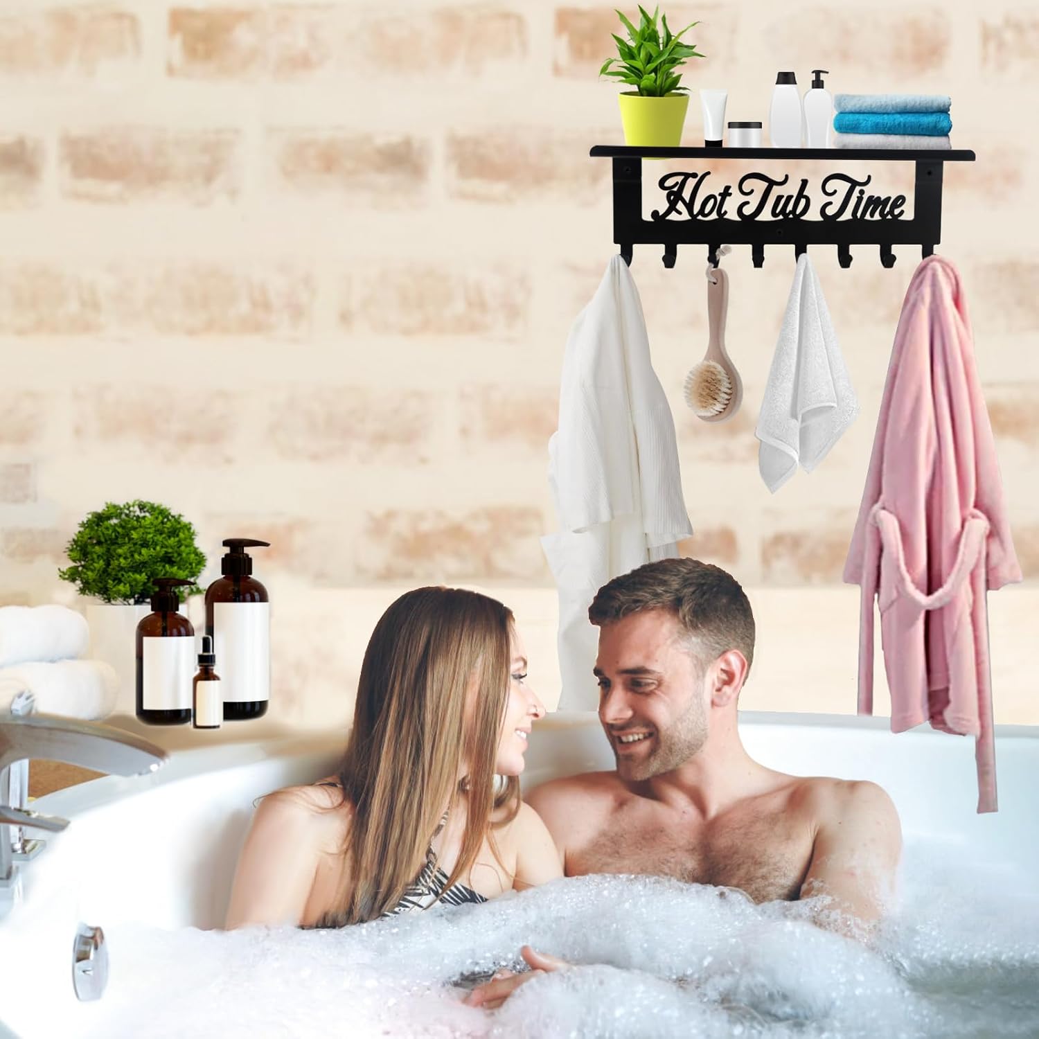 Hot Tub Towel Rack 8 Hooks Hot Tub Accessories with Shelf Bathroom Towel Holder Organizer Outdoor Wall Mount Decor in Bath Hot Spring Swim Pool Hotel