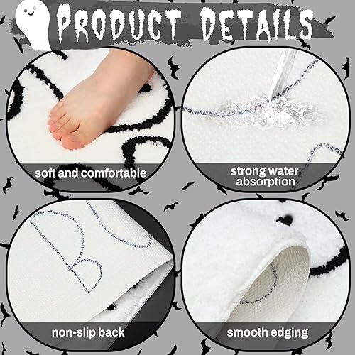Miniatura 4 de Tinideya Alfombra de baño de Halloween, tapete de baño fantasma, tapete de baño espeluznante para decoración de baño de Halloween, 20 x 32 pulgadas,