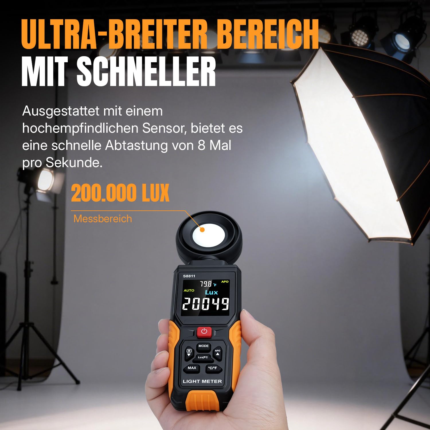 Mcbazel Digitales Luxmeter, Hochpräziser Belichtungsmesser Tragbare Photometer 200.000 Lux/FC mit 270° Sensor, HD-Farbdisplay & Umgebungstemperatur für Pflanzen, Fotografie & Innenräume
