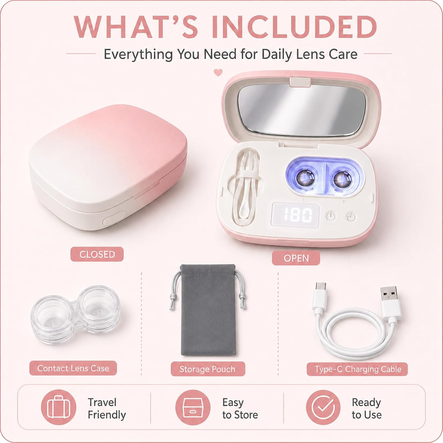 Ultrasonic Contact Lens Cleaner - Travel Portable Automatic Mute Contact Lens Machine with USB Charger, LED Timer Display for Soft Lenses, Colored Contact Lenses