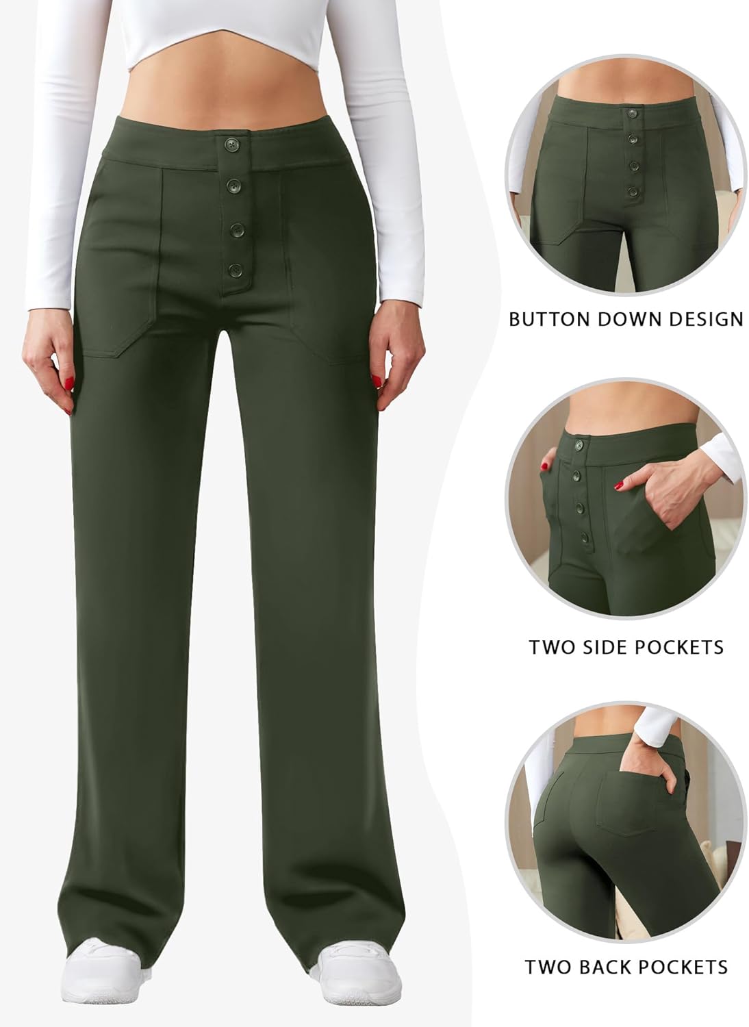 Womens Casual High Waist Straight Leg Pants Stretchy Button Business Dress Work Pocket Trousers - Image 5