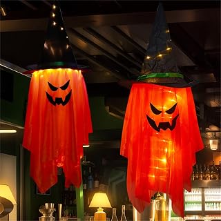 Halloween Decorations, 2 Pack Orange Pumpkin Wizard Hat with Lights Pre-Installed Pumpkin Ghost Ghosts Witch Hanging Ornam...