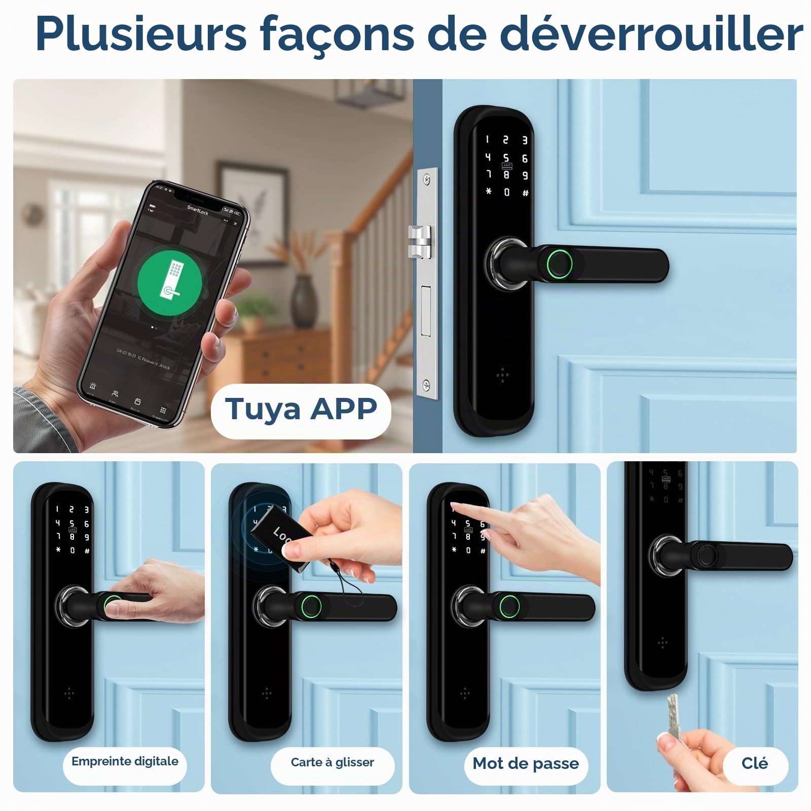 TUYA Serrure de porte intelligente, serrure de porte à empreinte digitale avec clavier et contrôle par application, serrure de porte sans clé, verrouillage automatique, mot de passe