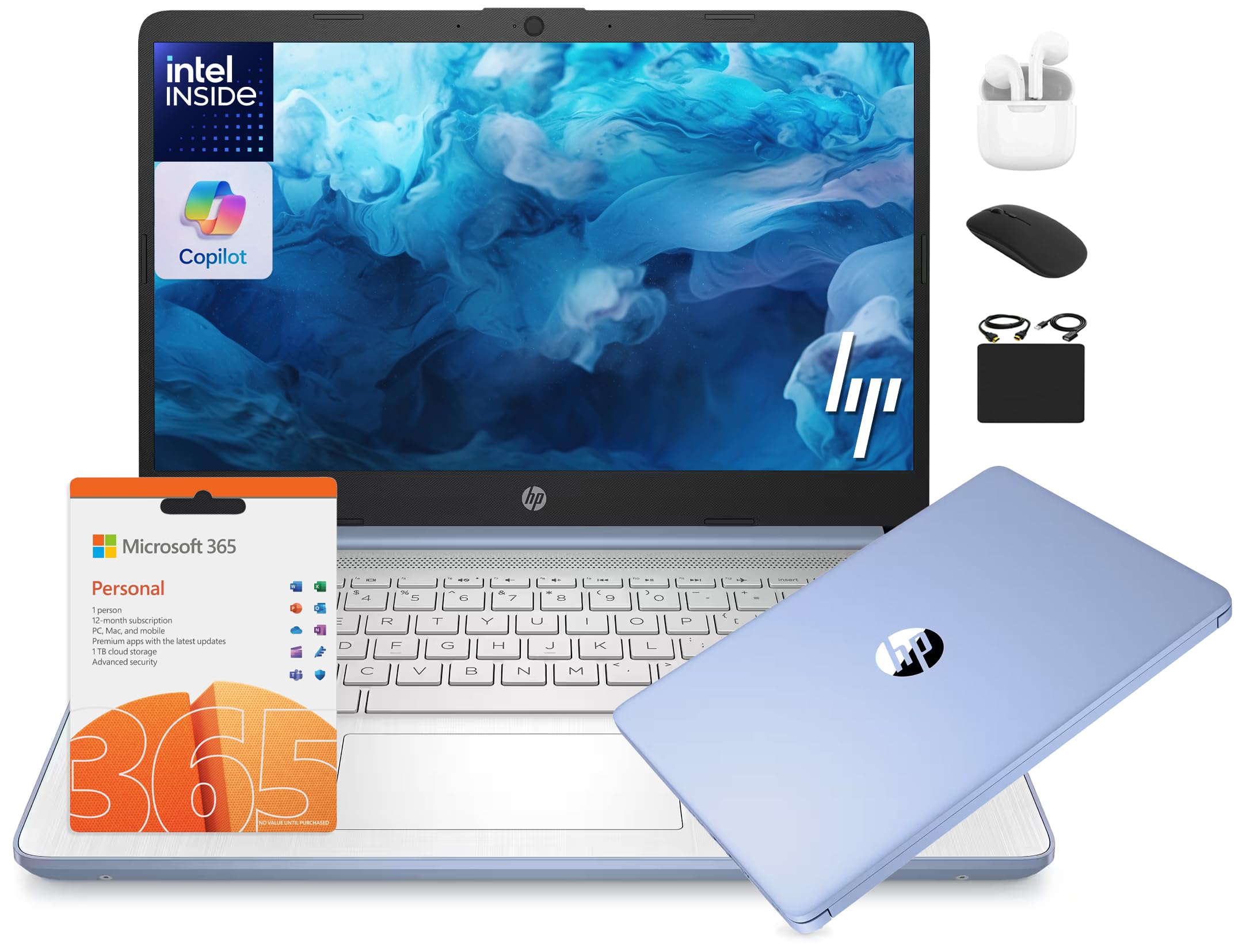 HP 14 Laptop Student Business 2025 Flagship Computer, AI Copilot, 4-Core 13th Gen Intel CPU, 16GB RAM 628GB Storage (128GB UFS+ 500GB Ext), 1-Yr Office 365, Long Battery HubxcelAccessory Win 11S Blue