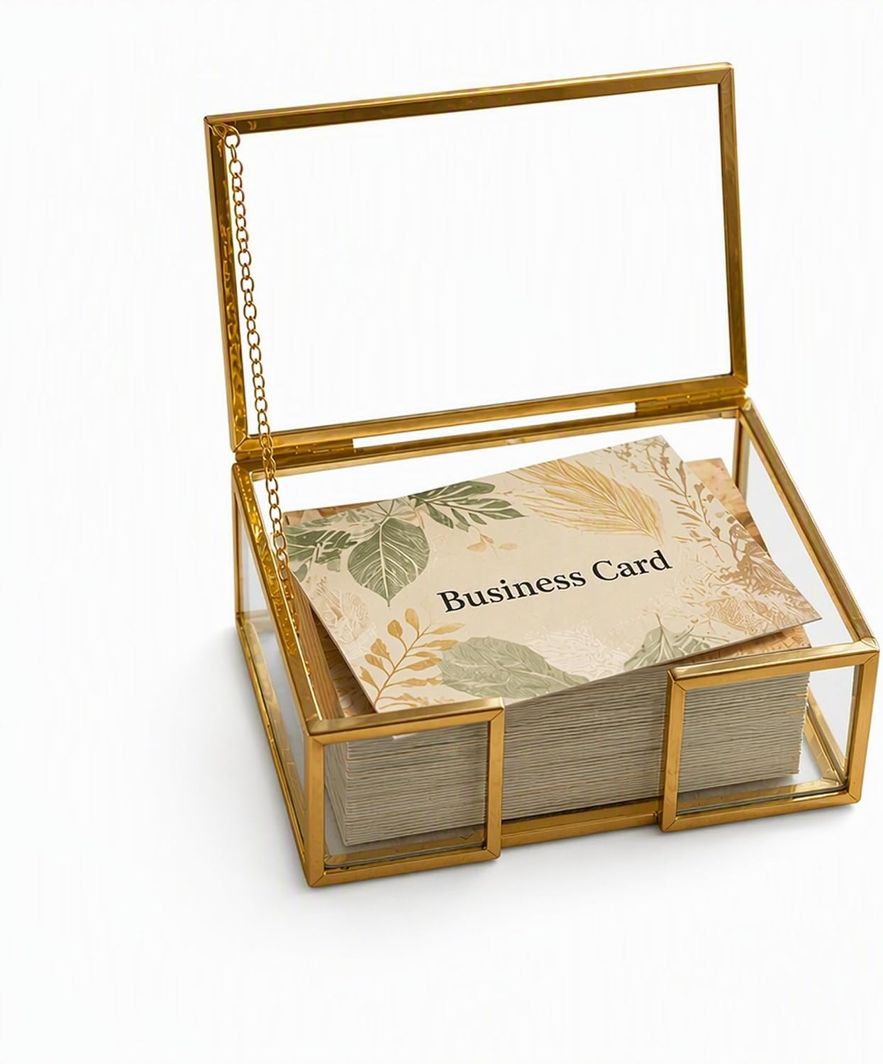 ZMG Gold Glass Business Card Holder Box With Hinged Lid