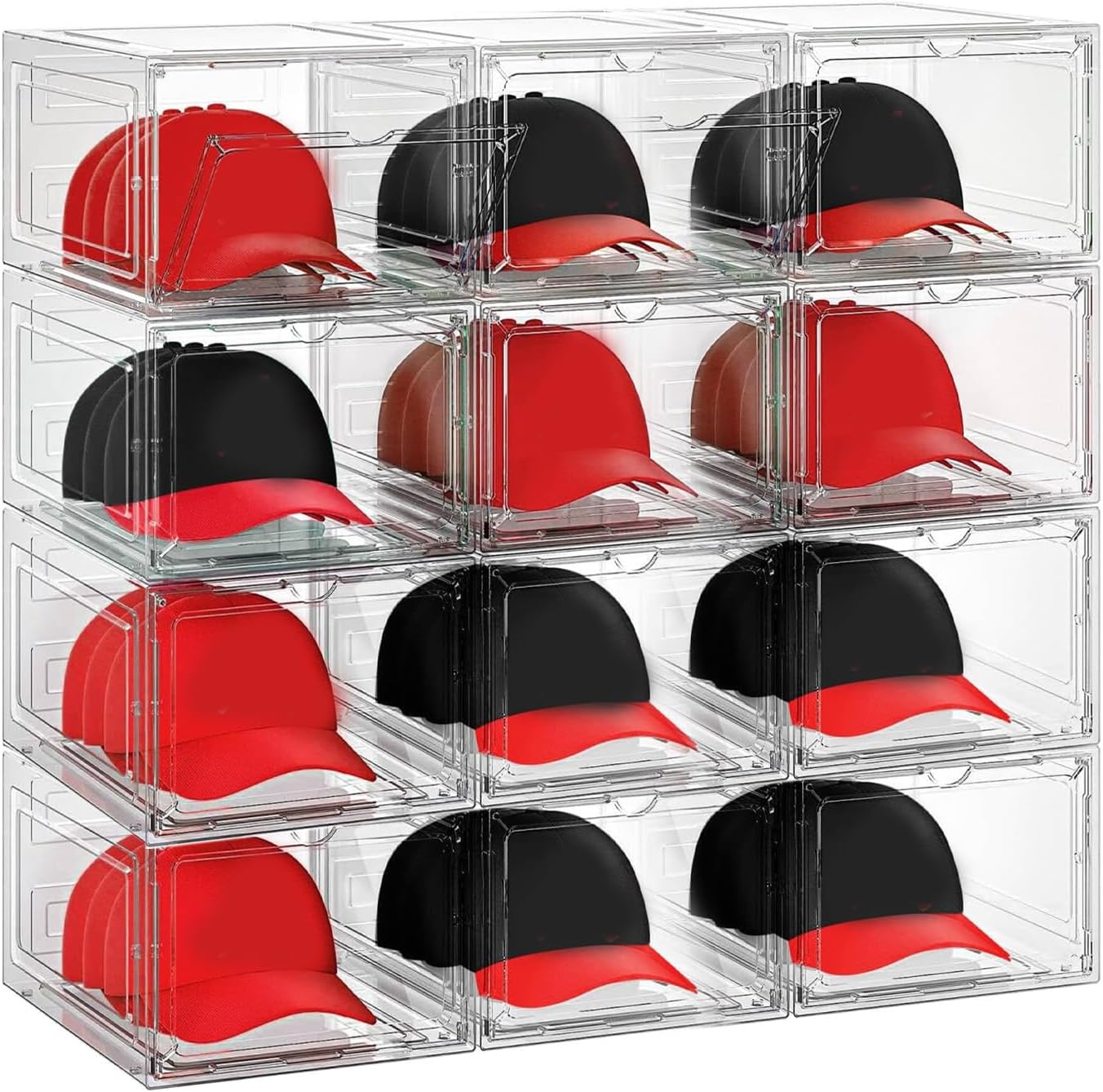 12 Pack Hat Organizer Baseball Cap Rack Clear Stackable Cap Storage Box with Clear front Door for Stylish Hat Display Cap Storage Holder Container