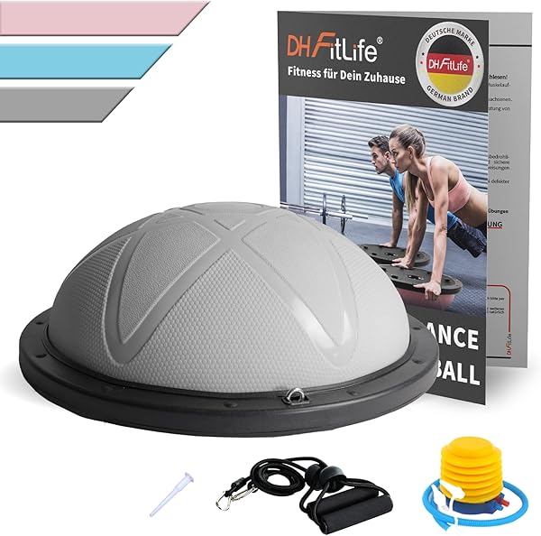 DH FitLife Balance Ball, Yoga Gleichgewichtstrainer Φ60*22cm bis 200 KG belastbar, halber Gymnastikball Fitness Balance Board, Balance-Board mit Pumpe und 2 Fitnessbändern
