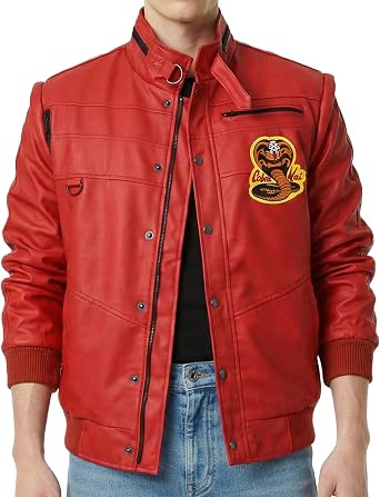 Mens Johnny The Karate Cobra Red Faux Leather Retro Bomber Warm Jacket