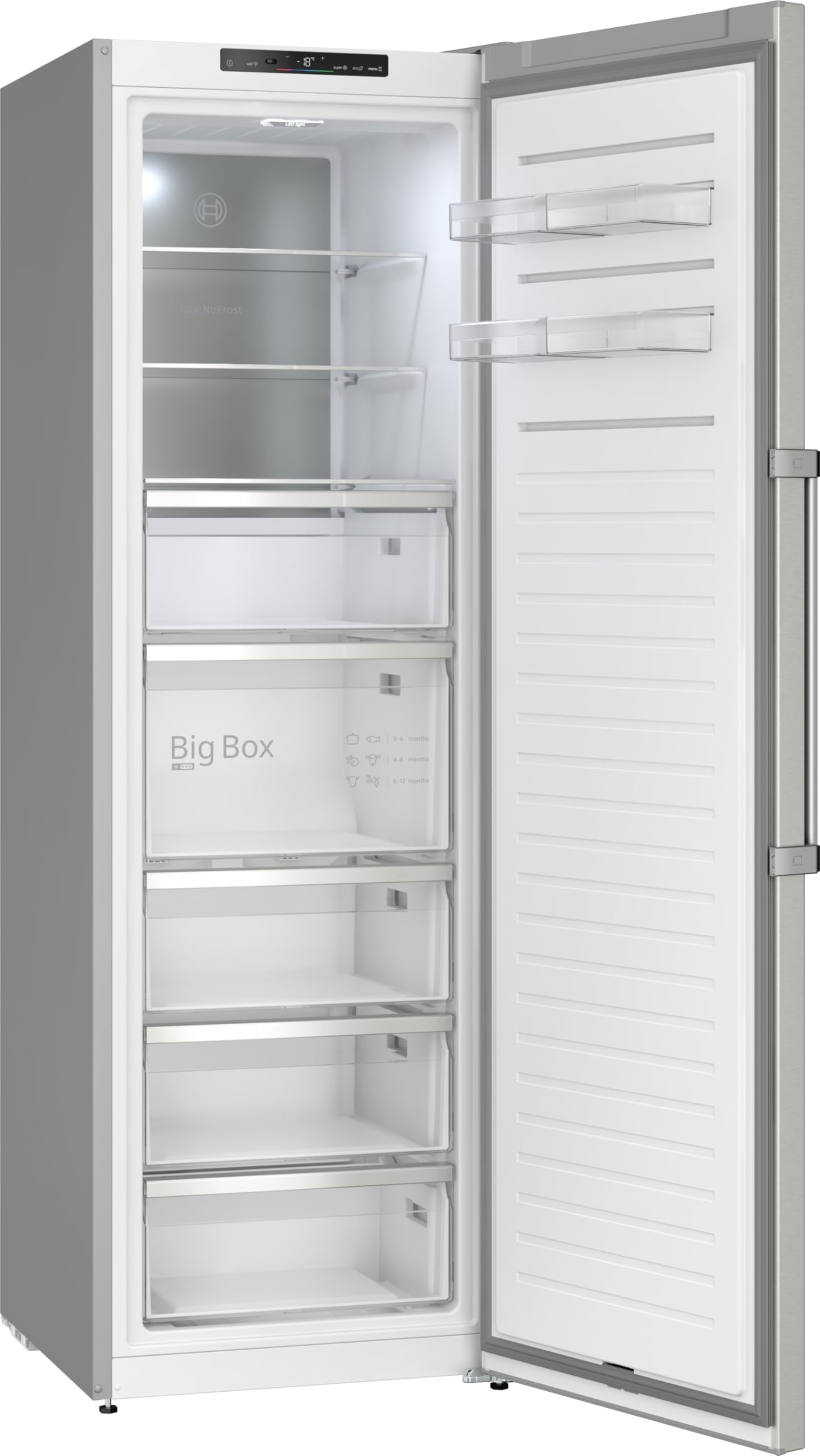 Bosch Seria 6 zamrażarka wolnostojąca 186,2 x 59,5 cm, GSN36AICM, pojemność użytkowa 334 l, Total No Frost, oświetlenie LED, elastyczne półki na drzwi, cicha praca, Home Connect, ochrona przed