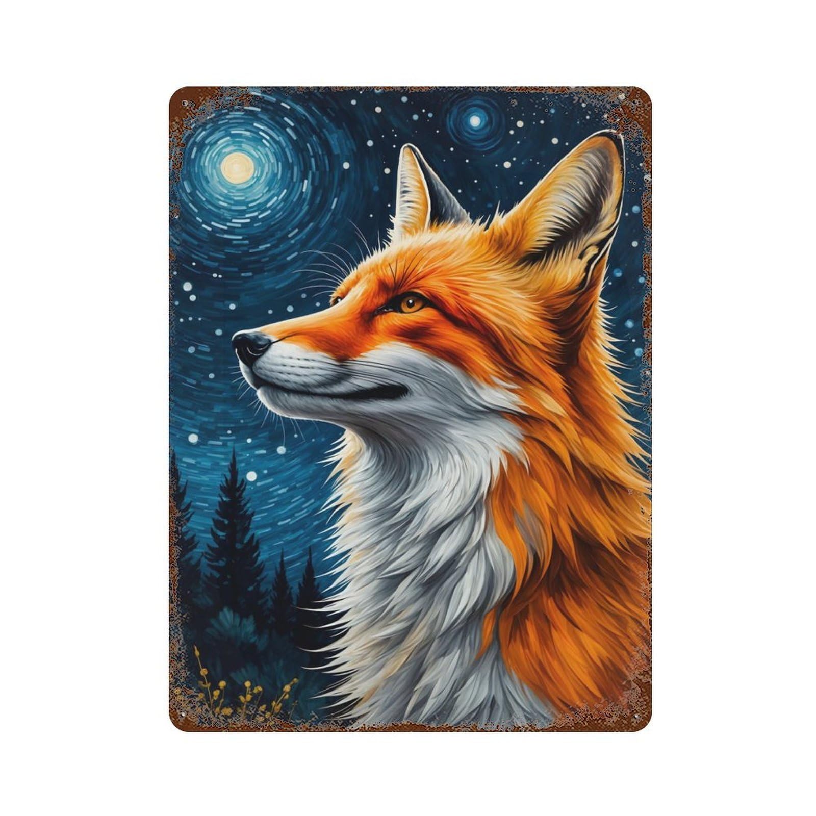 Fox Kitsune Starry Night Aged Metal Wall Plaque 15.7"x11.8", for Shed, Workshop And Garage Wall Decor, Old School Wall Decor