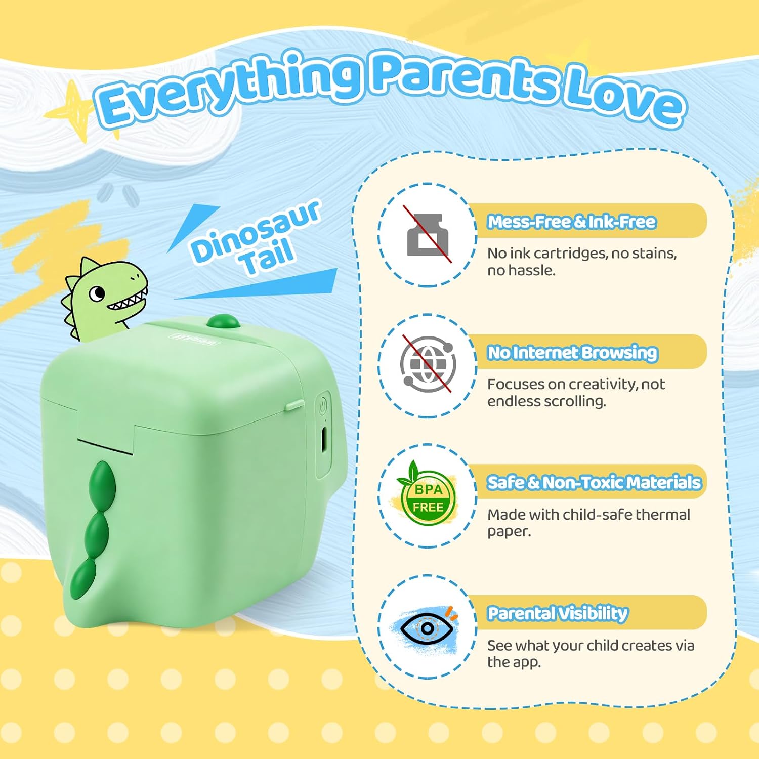 AI Voice Sticker Maker for Kids, Mini Thermal Printer, Green Dino