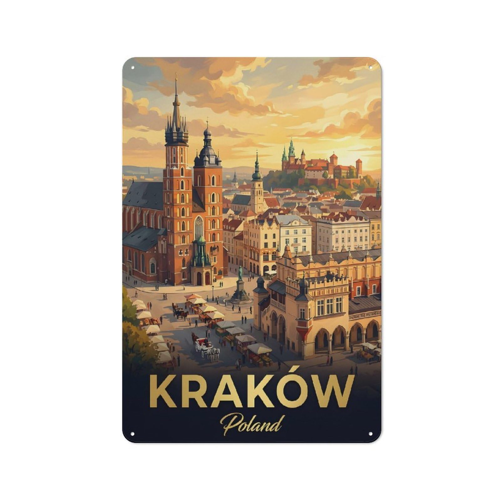 Junmoney Style-20 Krakow Cityscape With St. Marys Basilica Vintage Metal Wall Decor 30X20cm, Vintage Metal Sign For Hallway, Home Bar, Garage Or Study