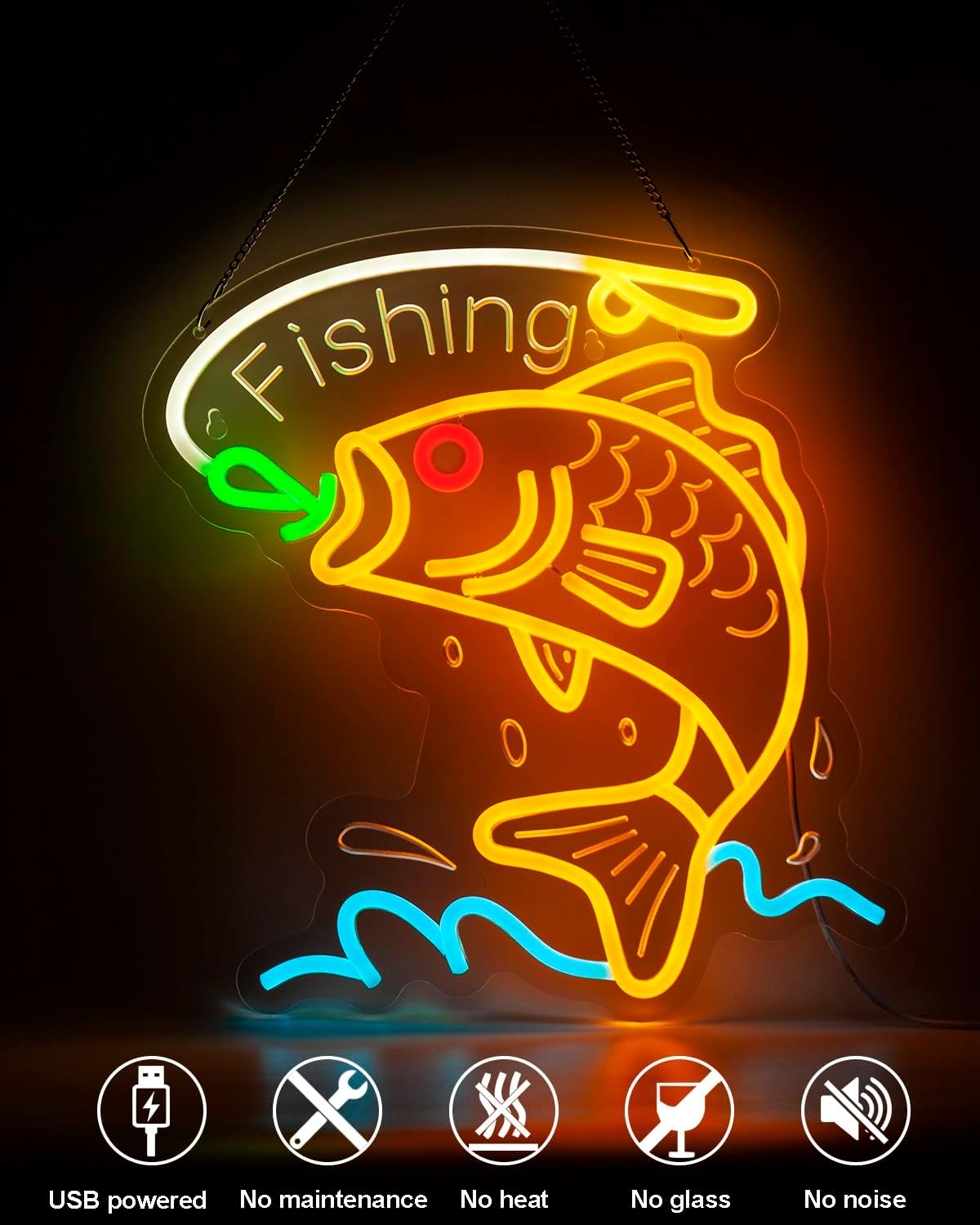 Fishing Neon Sign,Dimmable USB Powered LED Fish Neon light,for Fishing Gear Store Yacht Garage ManCave Lounge Bar Recreation Room Wall Decor Hook,Gifts for Men & Fish Enthusiast