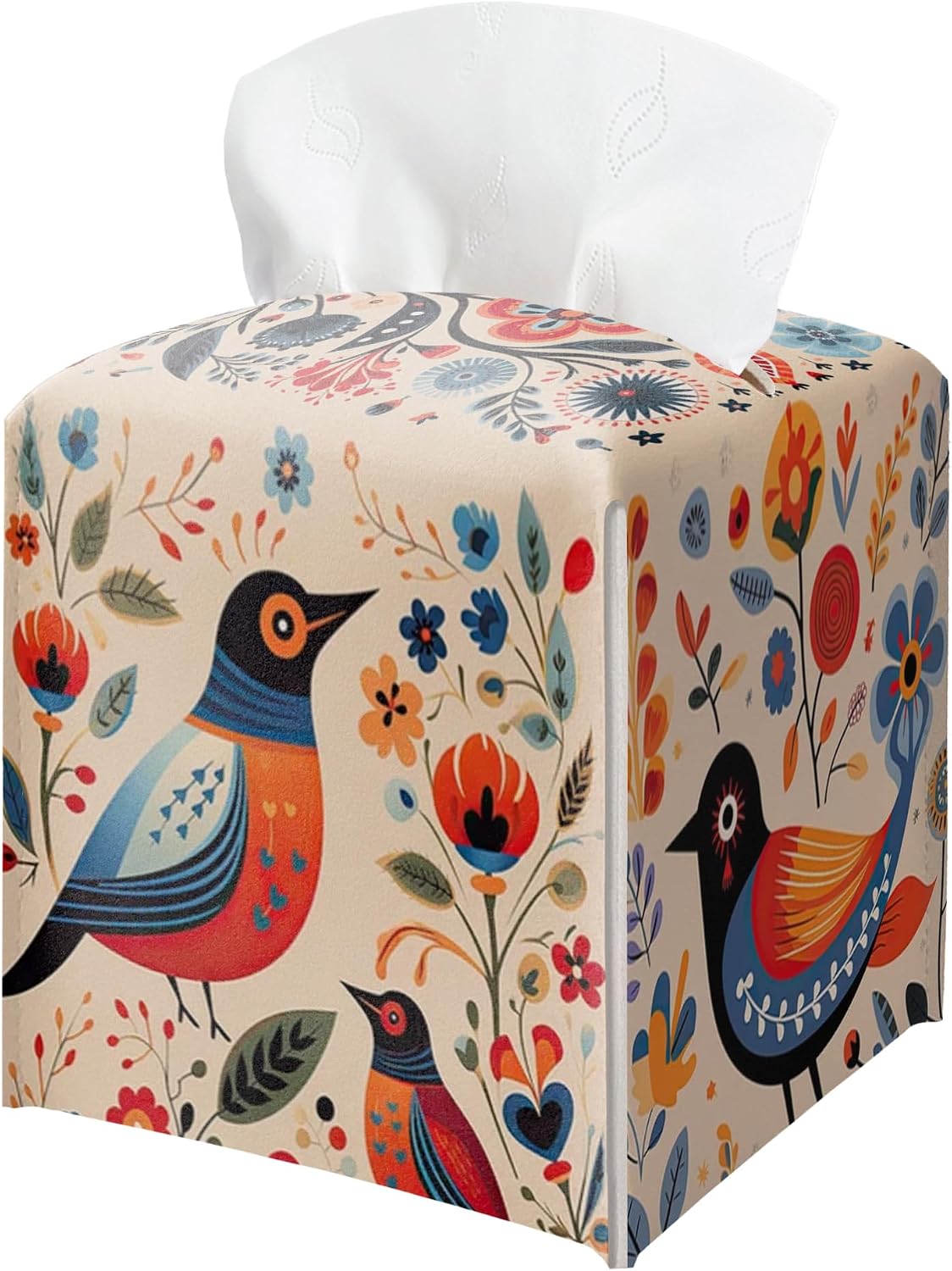 Scandinavian Tissue Box Holder, Floral Bird Leather Tissue Box Cover Square, Paper Napkins Everyday Dispenser for Bathroom Vanity Countertop Night Stands Kitchen Office Car Home Decor