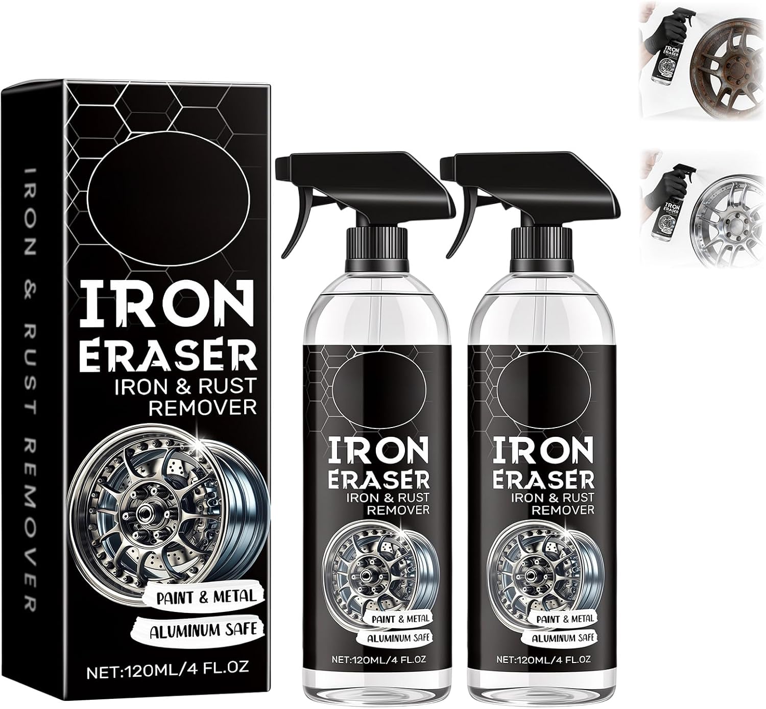 Iron Eraser Rust Remover Spray, Iron Eraser Iron and Rust Remover for Car Wheels and Paint, Fast Acting Rust and Brake Dust Remover, Professional Automotive Surface Cleaning(2PCS)