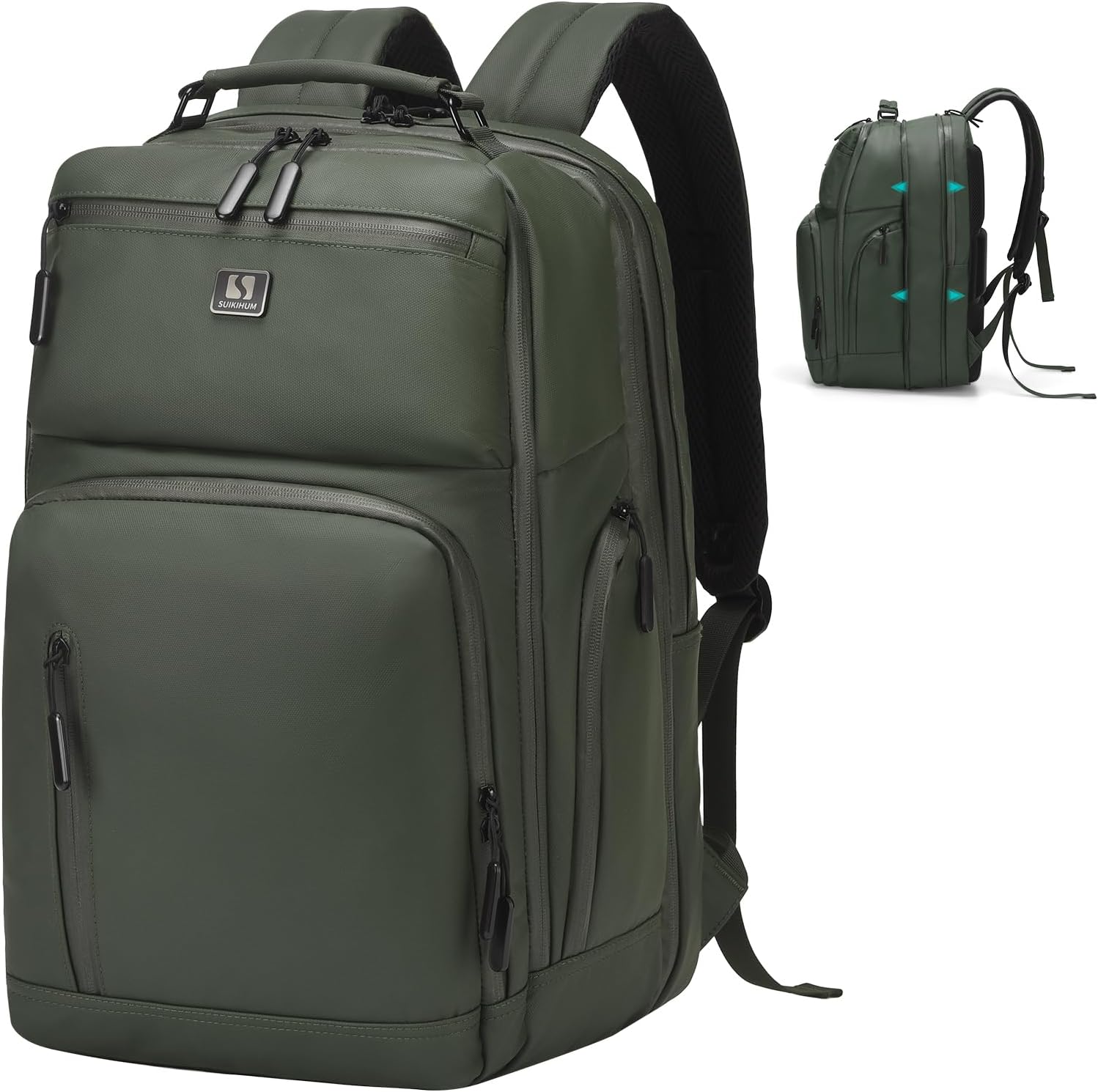 Expandable Business Backpack with 17" Laptop Compartment - Waterproof, Airline Approved, 33L-42L Capacity, for Work & Travel, Green