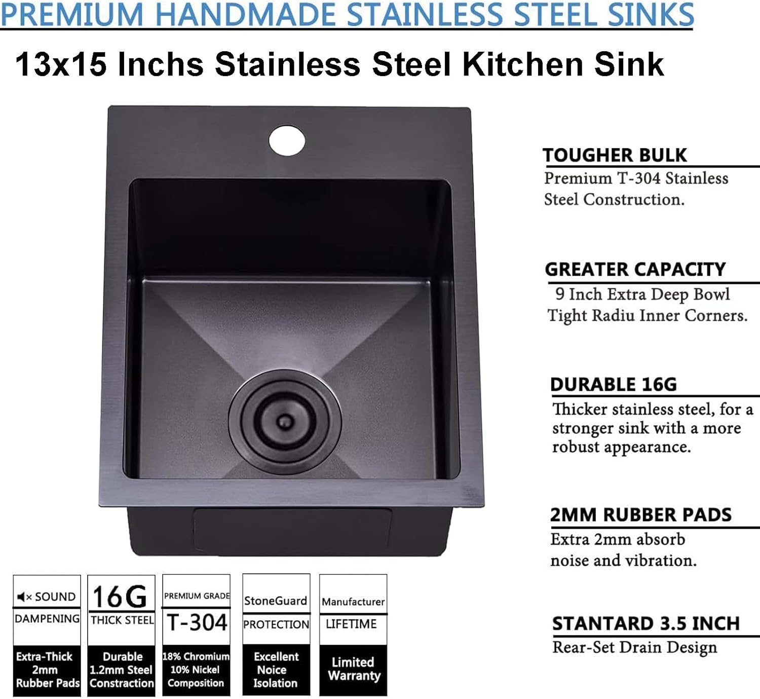 SHACO 13x15 Inch Drop In Black RV Bar Sink, Stainless Steel Top Mount Gunmetal Black 16 Gauge Single Bowl Small Kitchen Outdoor Sink with Strainer Drain