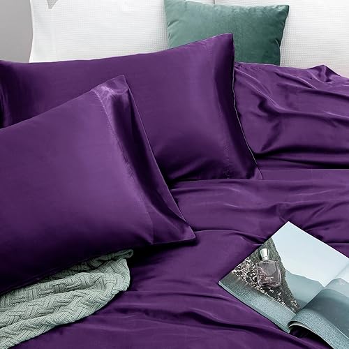 Vista 343 de Vonty Satin Sheets King Silky Soft Satin Bed Sheets Amber Beige Sheet Set, 1 Deep Pocket Fitted Sheet + 1 Flat Sheet + 2 Pillowcases