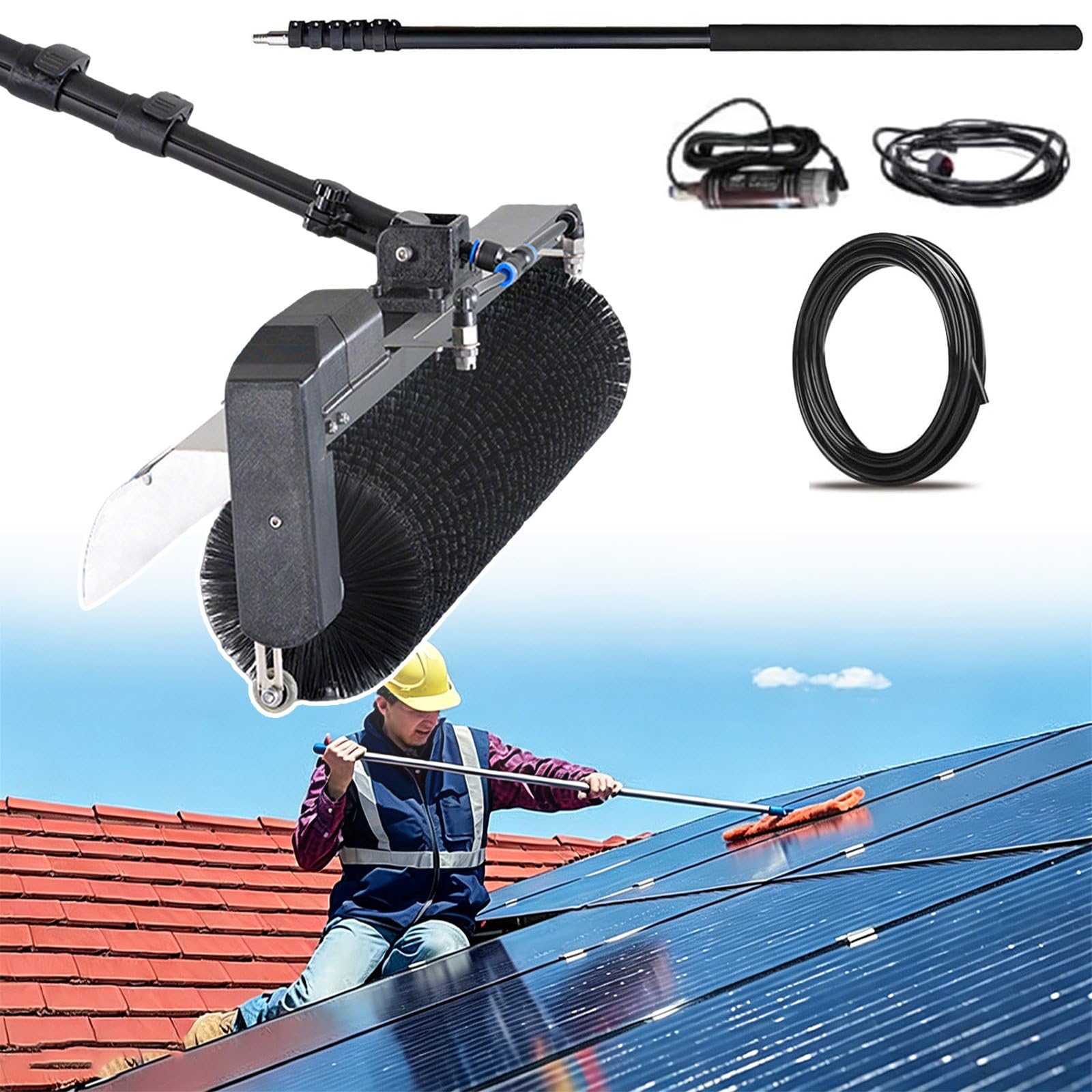 SOTIKARERY Solar Panel Cleaning Kit – Special Roof Water Brush with Adjustable Extension Rod – Exterior Cleaner Kit for Conservatory Roof, Fascias & Solar Panel - Two Power Converter 5.5m/18ft