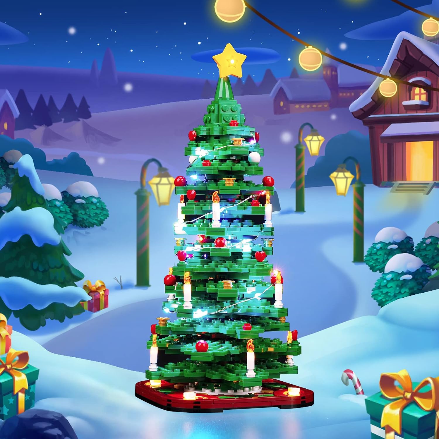 BrickBling LED lit LEGO Christmas Tree 40573 in a festive setting