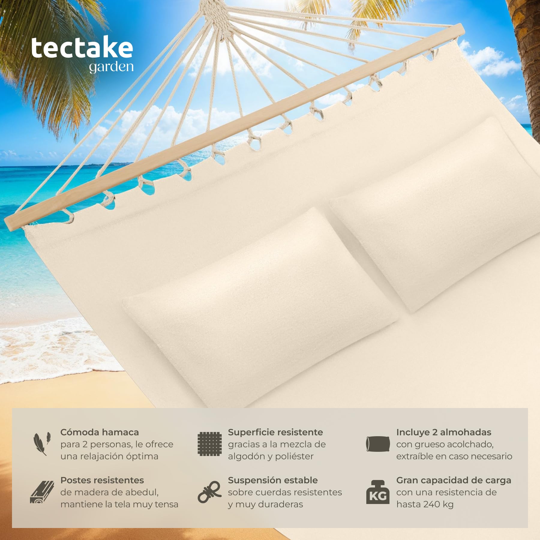 tectake® Hamaca Doble para Jardín, Estructura Hamaca Estable con Cojines Extraíbles, Tumbonas Jardin Exterior Ideal para Camping Accesorios, Terraza o Porche - 325 x 150 x 2,5 cm Beige
