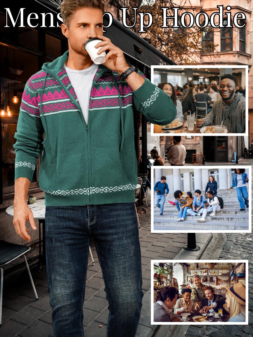 Fair Isle Cardigan Sweaters,Zip Up Sweater Hoodie Men,Casual Work House Going Out Knit Sweatshirt - Image 2