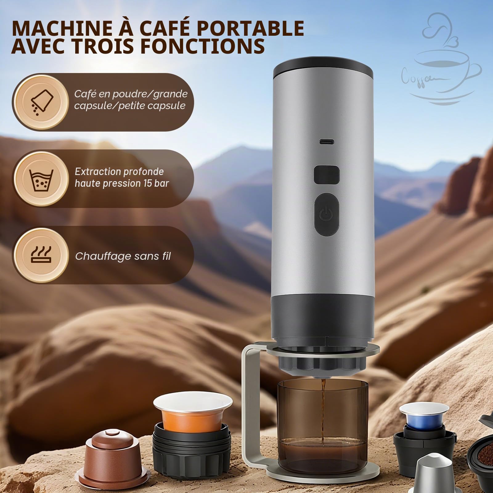 Machine à Café Portable, Sans Fil Machine à Espresso, 3 en 1 Compatible avec Capsules & Café Moulu, Auto-Chauffante, Rechargeable, Pressions 20 Bar, pour Voyage Camping Voiture Maison Bureau