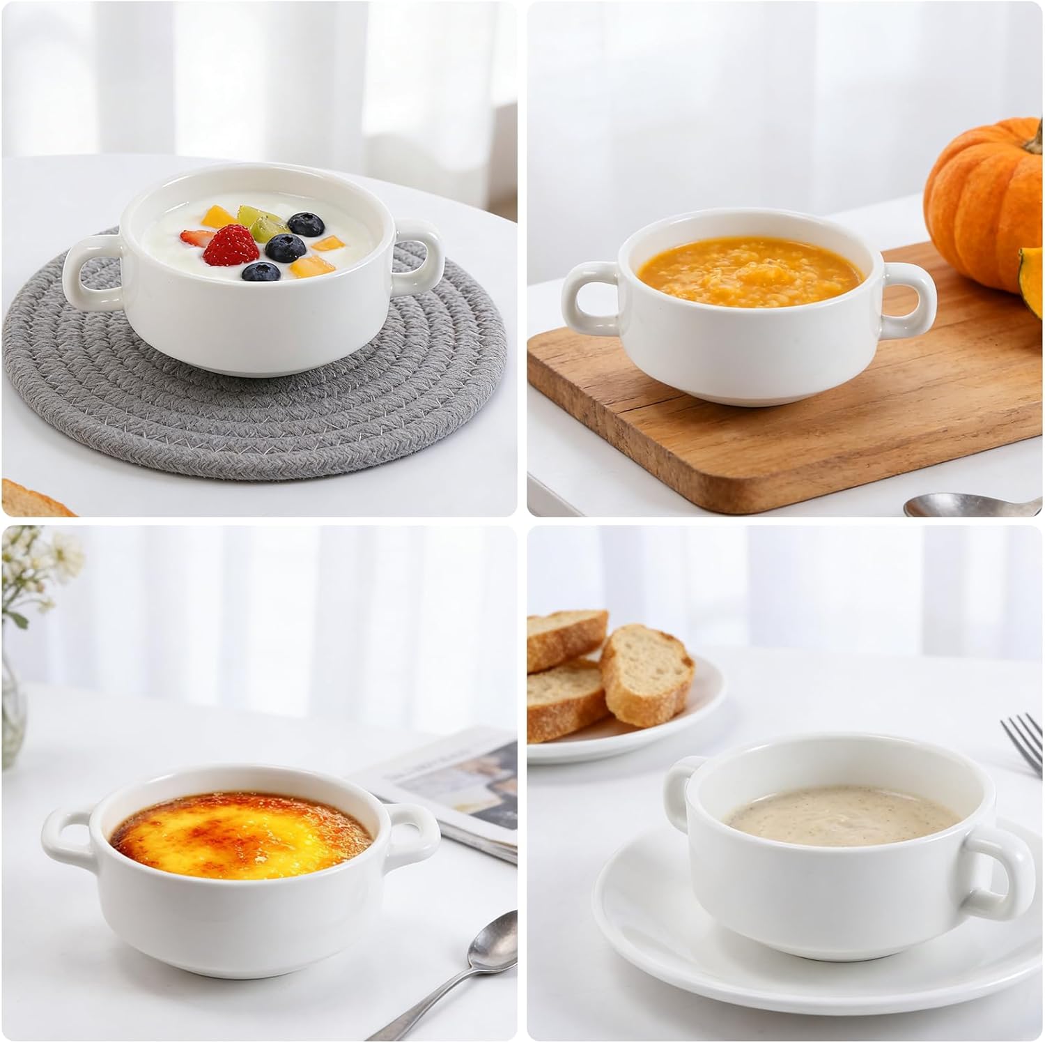 6 Pack 10oz Porcelain Bowls with Double Handles, Round Stackable Crocks for French Onion Soup, Cereal, Oatmeal, Oven & Microwave Safe(White)