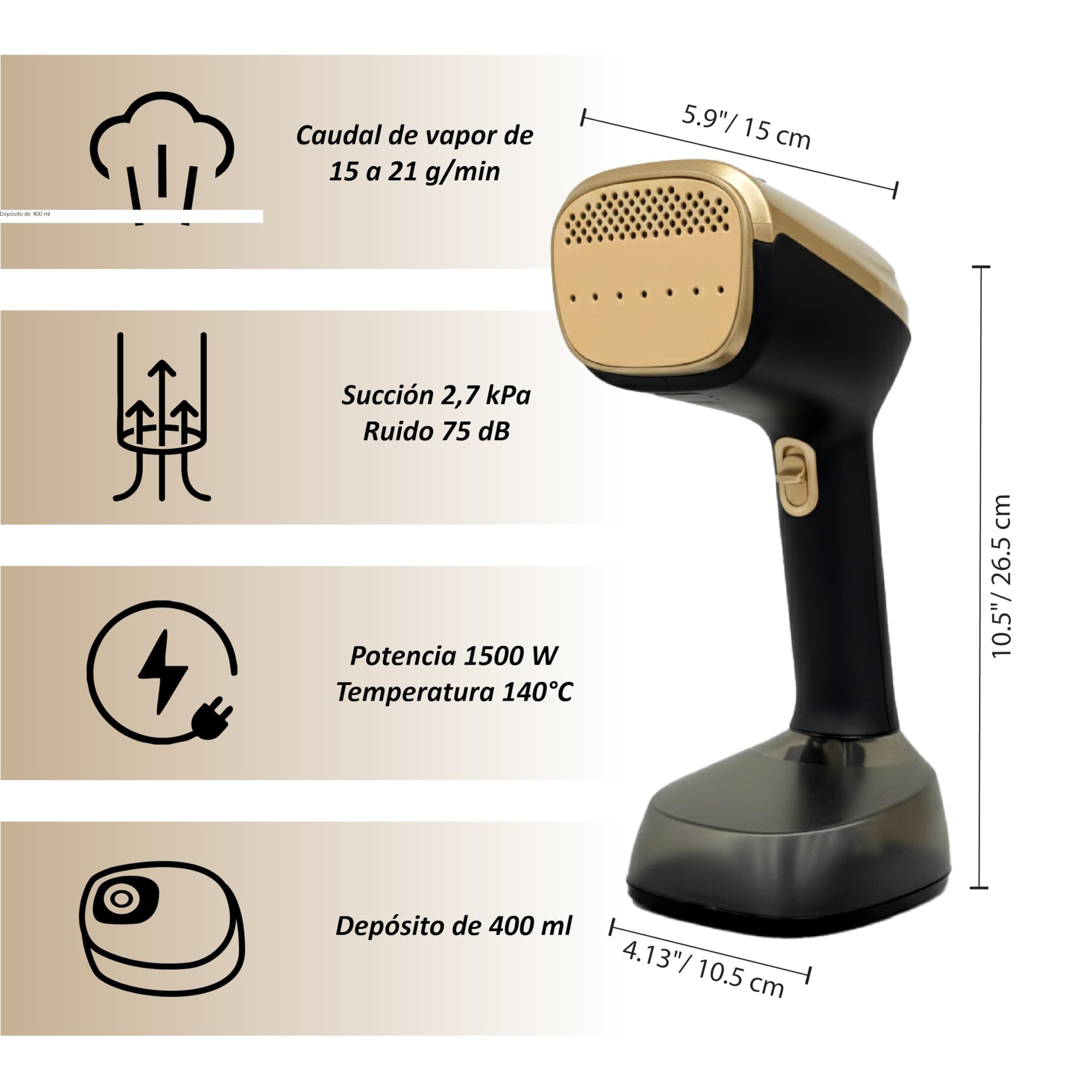 FAUG Plancha vertical 1500W. Gana un 50% de eficiencia gracias a la nueva función de succión. Flujo de vapor de 15 a 21 g/min y suela de teflón para prendas sin arrugas.