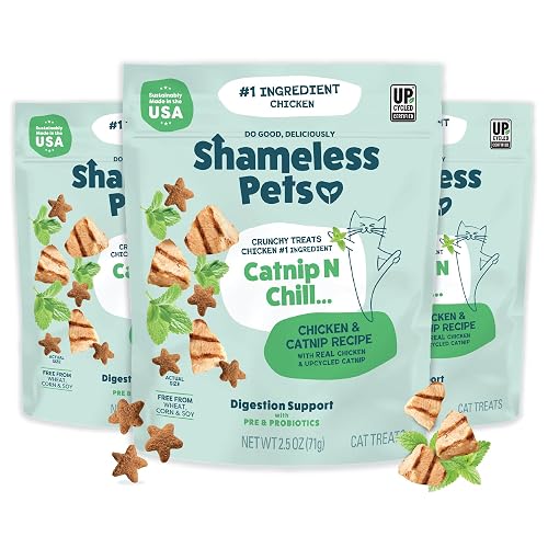 Shameless Pets Crunchy Cat Treats - Catnip Treats for Cats with Digestive Support, Natural Ingredients Kitten Treats with Real Chicken, Healthy Flavored Feline Snacks - Catnip N Chill, 3-Pk - Catnip N Chill - Chicken - 2.5 Ounce (Pack of 3)